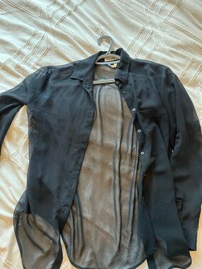 Garage navy blue Sheer Button-Up Blouse